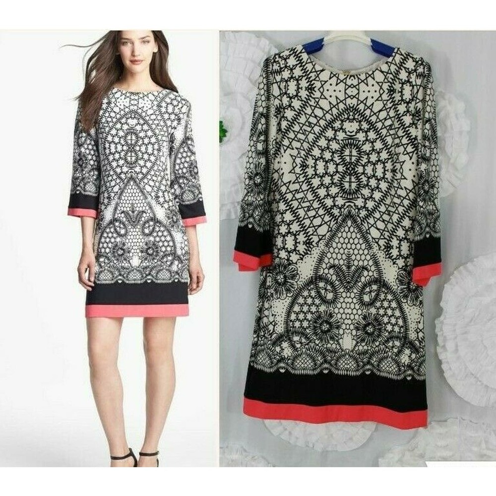 Eliza J Womens Size 6 Ivory Black Print Jersey Shift Dress Pink Hem Cuff Band